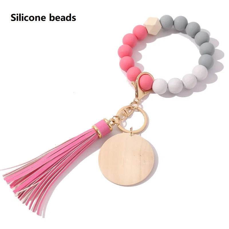 Silicone Keychain For Keys Tassel Wood Beads Bracelet Keyring For Women Multicolor Beads Keychain Fashion Keychain Wholesale