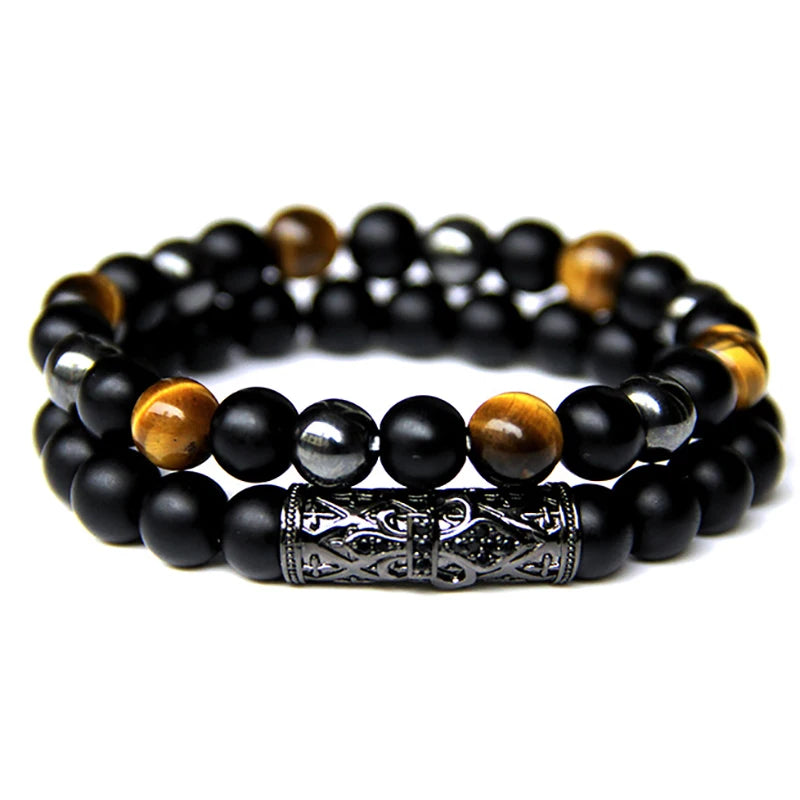 Fashion 2pcs Bead Bracelet Men Natural Tiger Eye Hematite Obsidian Beaded Bracelets Homme Energy Stretch Bracelet Men Jewelry