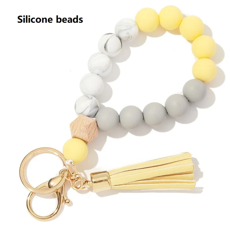Silicone Keychain For Keys Tassel Wood Beads Bracelet Keyring For Women Multicolor Beads Keychain Fashion Keychain Wholesale