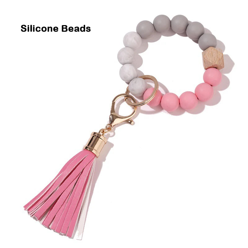 Silicone Keychain For Keys Tassel Wood Beads Bracelet Keyring For Women Accessories Multicolor Keychain Wholesale Hot Sale 2022