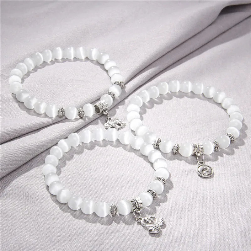 Butterfly Charm White Cat Eye Stone Bracelets For Women Men Crown Swan Elephant Pendant Moonstone Beads Bracelet Fashion Jewelry