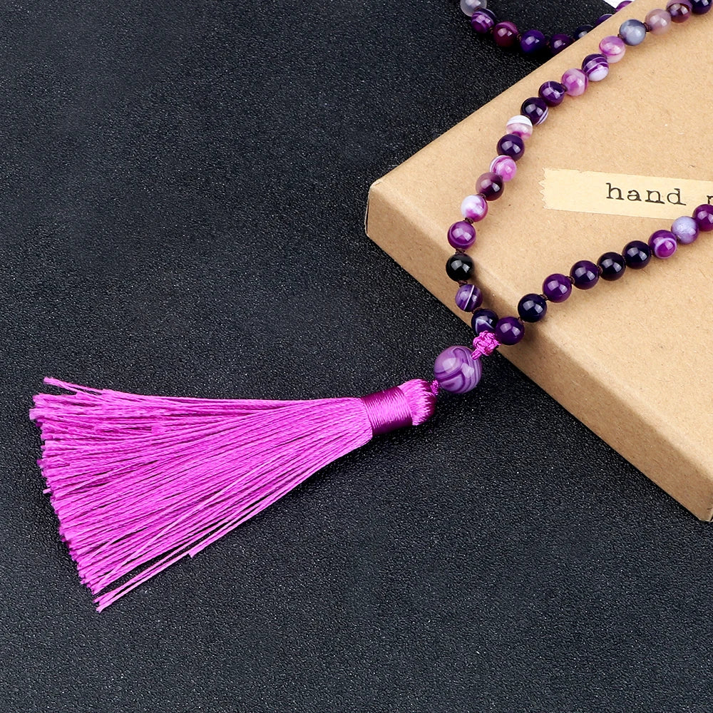Women Mala Bohemian Tassel Necklace 108 Beads Natural Stone Purple Stripe Onyx Stone Beaded Necklace Buddhist Buddha Jewelry