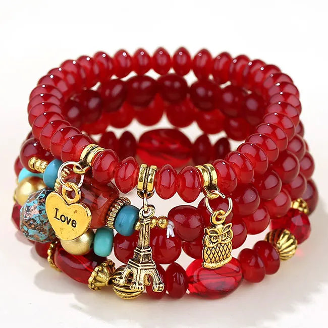 Candy Color Multilayer Bohemia Bracelets Resin Beads Stone Bracelets Sets Bijoux Owl Charm Bracelet Femme Jewelry