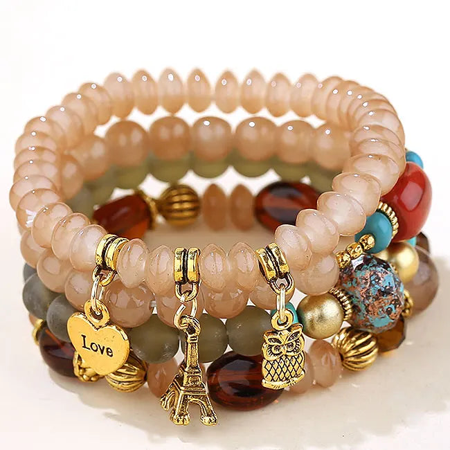 Candy Color Multilayer Bohemia Bracelets Resin Beads Stone Bracelets Sets Bijoux Owl Charm Bracelet Femme Jewelry