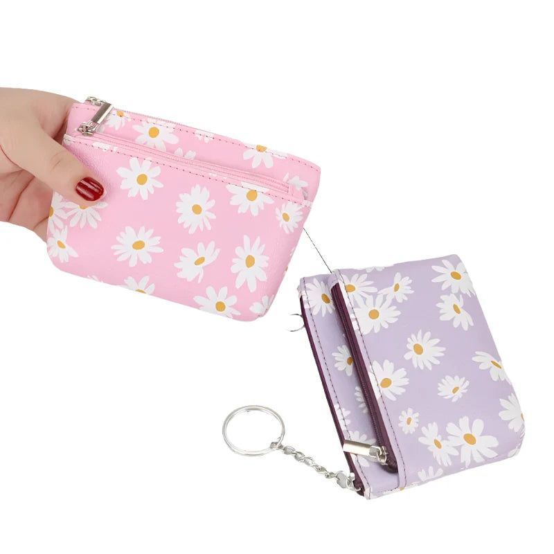 Heamsa Daisy Print Coin Purse Women Mini Wallets Clutch With Zipper Keychain Small Coin Pouch Bag Female Pouch Key Card Holder Wallet