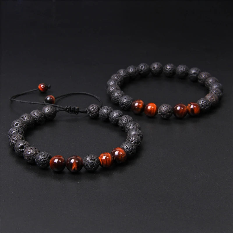 Tejesa 2pcs Men Bracelet 8mm Natual Stone Tiger Eye Beads Bracelet Round Onyx Beaded Adjustable Bracelet Jewelry Women Men