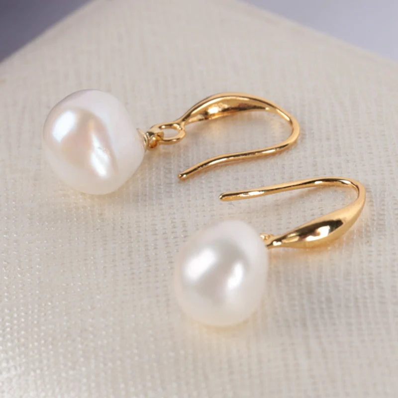 10-12mm Natural White Baroque Pearl Earrings 18K Dangle Hook handmade teardrop luxury Jewelry classic wedding Women elegant