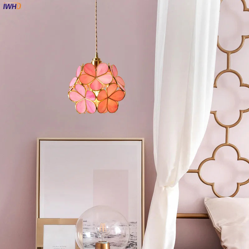IWHD Nordic Flower Copper Pendant Lighting Fixtures Bedroom Dinning Living Room Glass LED Pendant Light Fixtures Luminaria