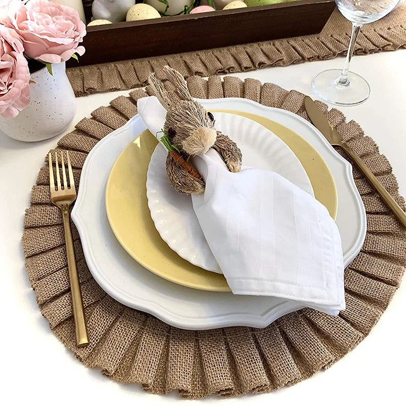 Hemasa 2Pcs  Round Jute Folds Lace Placemats / Natural Color Heat Insulation Pads