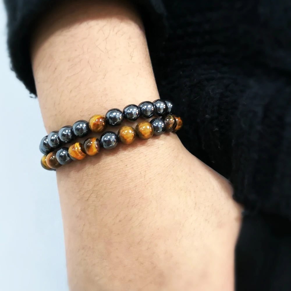 Beaded Men Bracelet Tiger Eye Stone No Magnetic Hematite Onyx Black Lava Beads Bracelets&Bangles Health Protection Soul Jewelry
