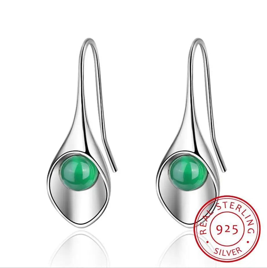 Ear Hook 925 Sterling Silver Green And Red Onyx Flowers Shape Long Earrings For Women Vintage Sterling-silver-jewelry E189