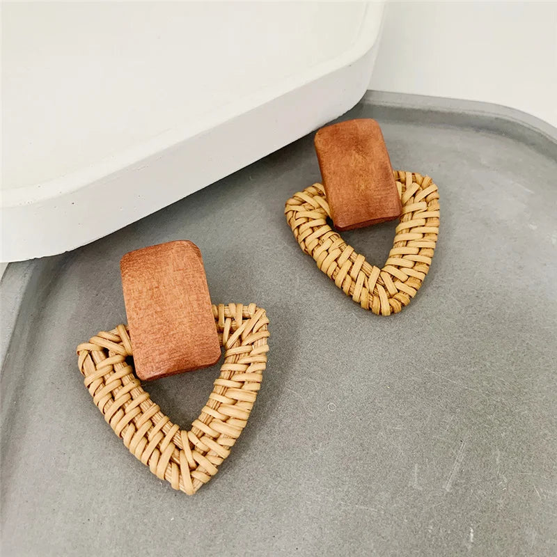 New Fashion Bamboo Wooden Straw Weave Rattan Knit Vine geometric round triangle long earrings bohemian For Women party jewelry