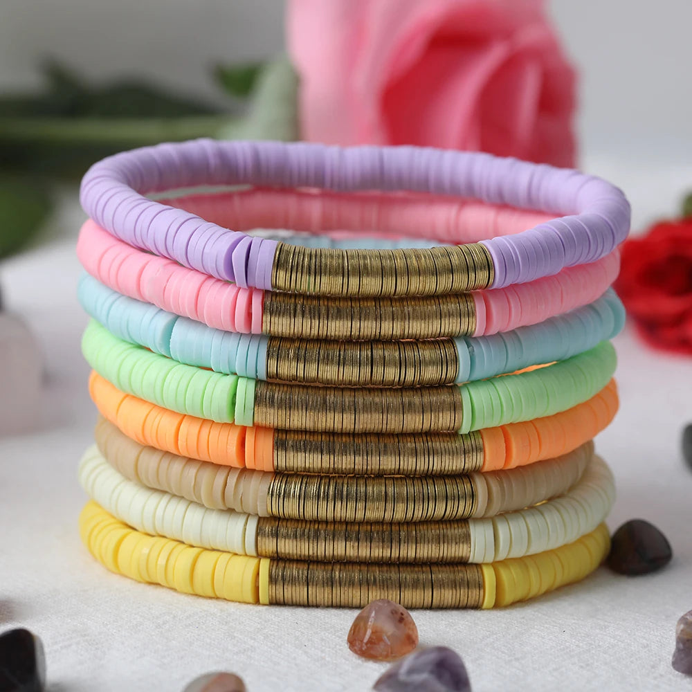 10Pcs Rainbow 6mm Polymer Clay Heishi Disc Beads Elastic String Bracelet Fashion Women Vinyl Flat Beads Boho Bracelet Jewelry