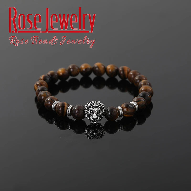 Men Bracelet Natural Stone Hematite Lava Beads Bracelet Gold Silver Color Lion Head Cown Charm Bracelet Jewelry for Women Men