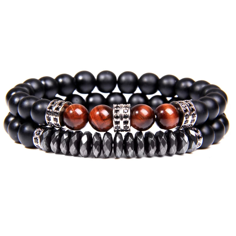 Fashion 2pcs Bead Bracelet Men Natural Tiger Eye Hematite Obsidian Beaded Bracelets Homme Energy Stretch Bracelet Men Jewelry