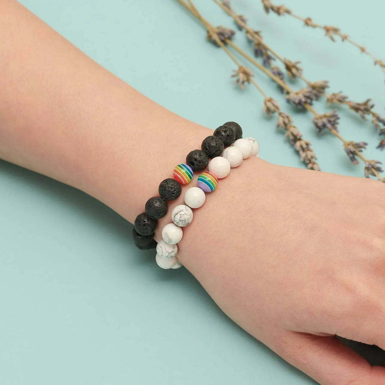 LGBT Relationship Bracelet Rainbow Pride 8mm White Howlite Black Lava Rock Bracelet Natural Stone Beads Oil Diffuser Bracelets