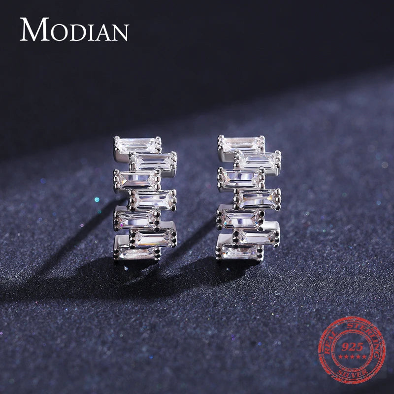 Modian 925 Sterling Silver Luxury Emerald Cut Stud Earrings for Women Dazzling Clear CZ Hypoallergenic Ear Pins Fine Jewelry