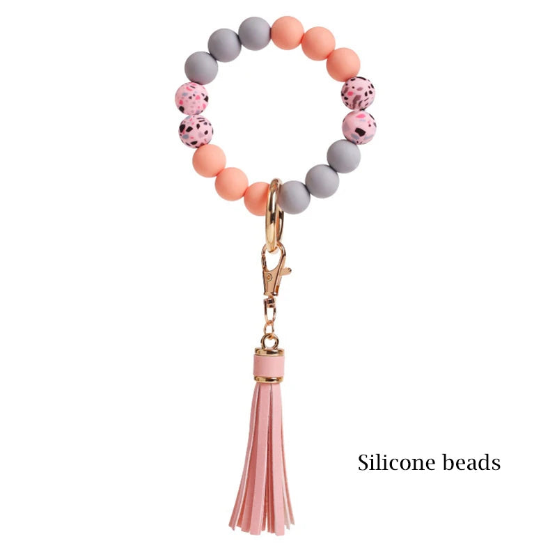 Silicone Keychain For Keys Tassel Wood Beads Bracelet Keyring For Women Accessories Multicolor Keychain Wholesale Hot Sale 2022