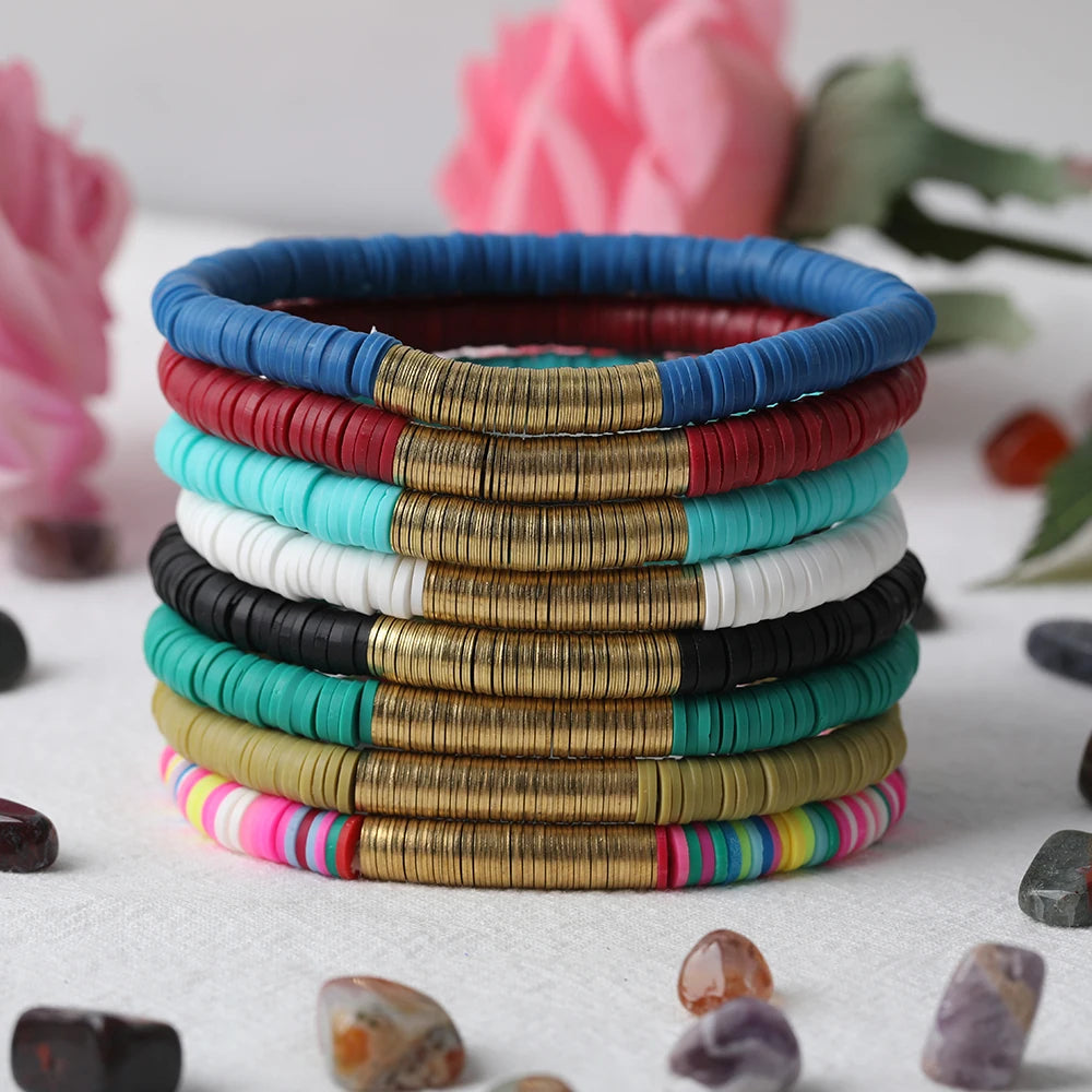 10Pcs Rainbow 6mm Polymer Clay Heishi Disc Beads Elastic String Bracelet Fashion Women Vinyl Flat Beads Boho Bracelet Jewelry