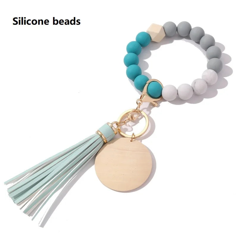 Silicone Keychain with Safe Card Picker Rainbow Color Silicone Beads Women Keyrings Barcelet Fashion Keychains For Keys Bag Car