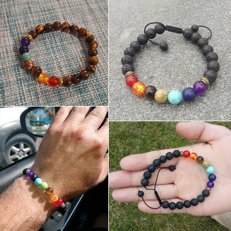 Hemasa 7 Chakra Bracelet Men Black Lava Tiger Eye Stones Healing Balance Beads Reiki Buddha Prayer Natural Stone Yoga Bracelets Bangles