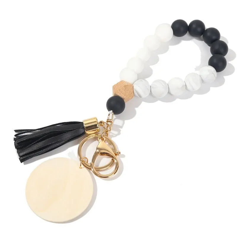 Silicone Keychain For Keys Tassel Wood Beads Bracelet Keyring For Women Multicolor Beads Keychain Fashion Keychain Wholesale