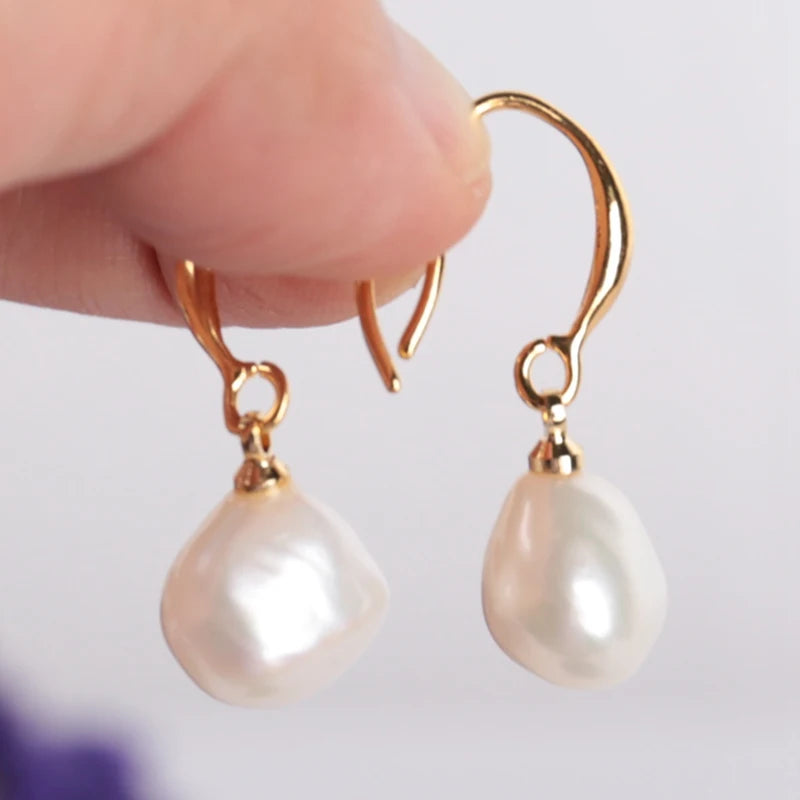 Hemasa 10-12mm Natural White Baroque Pearl Earrings 18K Dangle Hook handmade teardrop luxury Ear rings