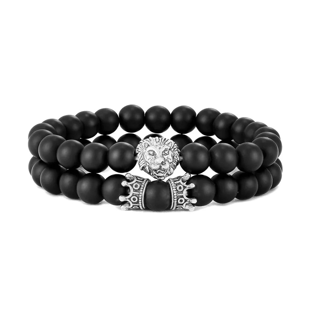 Hemasa 2 Pcs / Set Vintage Lion Head and Crown Charm Bracelet /8mm Natural Lava Stone Beads Bracelet