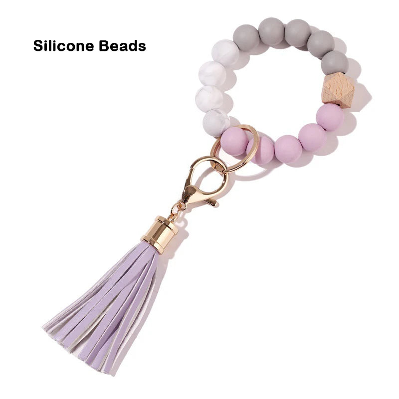 Silicone Keychain For Keys Tassel Wood Beads Bracelet Keyring For Women Accessories Multicolor Keychain Wholesale Hot Sale 2022