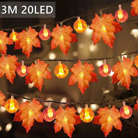 3M 20 LED Pumpkin Maple Leaf String Lights Garland Led Fairy Lights for Halloween Decoration Autumn Decor Fall Home Decor