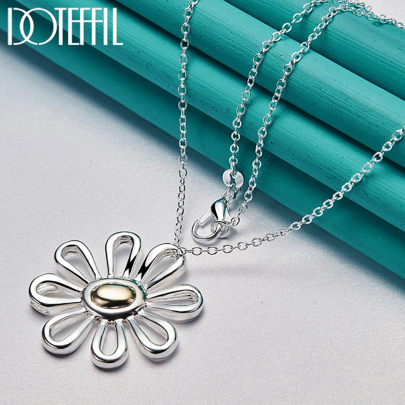 Hemasa 925 Sterling Silver  18 Inch Chain Flower Pendant Necklace For Women Wedding Engagement Fashion Charm Jewelry