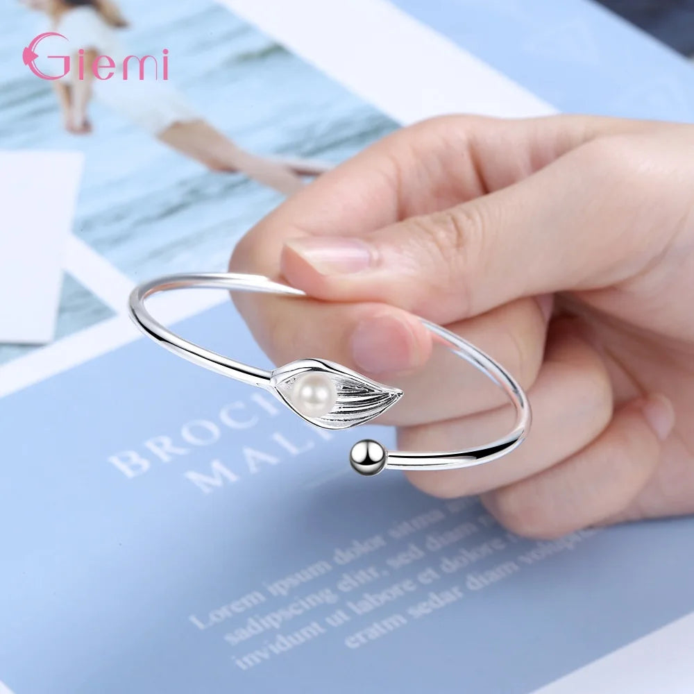 Open Adjustable Leaf Cuff Bracelets for Women Hot Sale 925 Sterling Silver Freshwater Pearl Bangles Gift Jewelry Wholesale