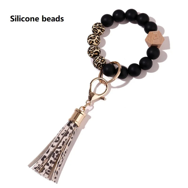 Silicone Keychain For Keys Tassel Wood Beads Bracelet Keyring For Women Multicolor Beads Keychain Fashion Keychain Wholesale