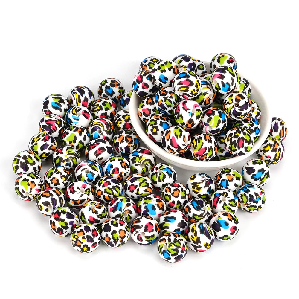 LOFCA 20pcs Tie dye leopard Terrazzo Dalmatian camo Silicone Beads Teething Beads DIY Chewable Colorful Teething For Infant Baby