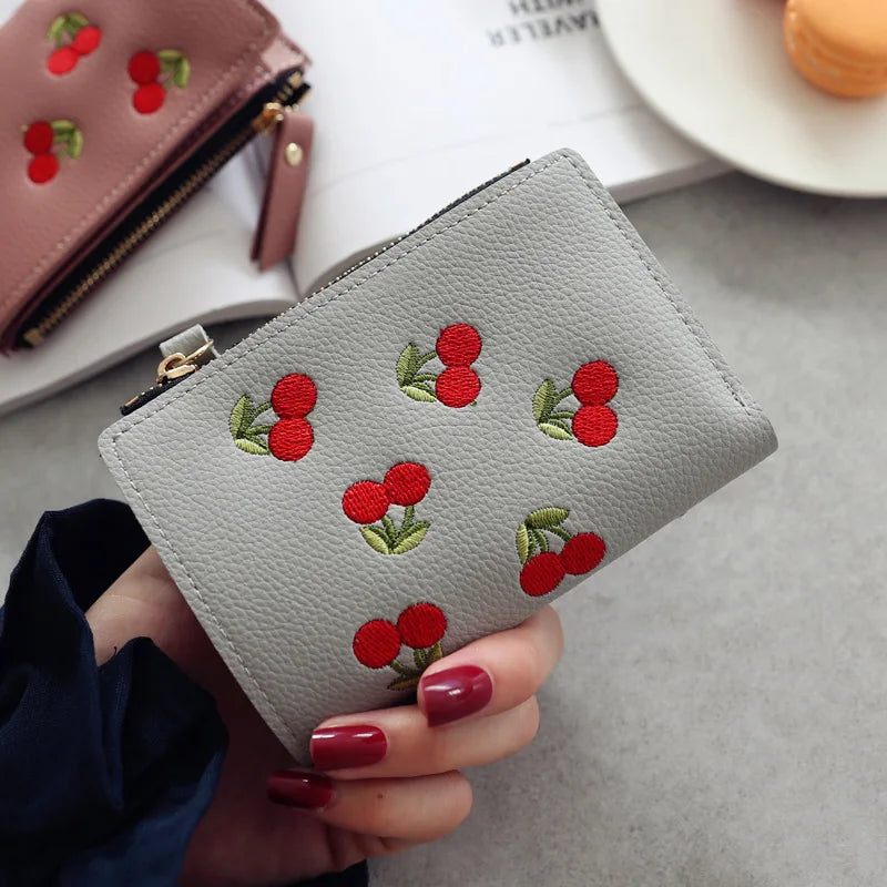 Hemasa New Cherry Fruit  Embroidery Women Purse Wallets Fashion Simple Students Wallet Small PU Leather Wallet Mini Card Holder Bags