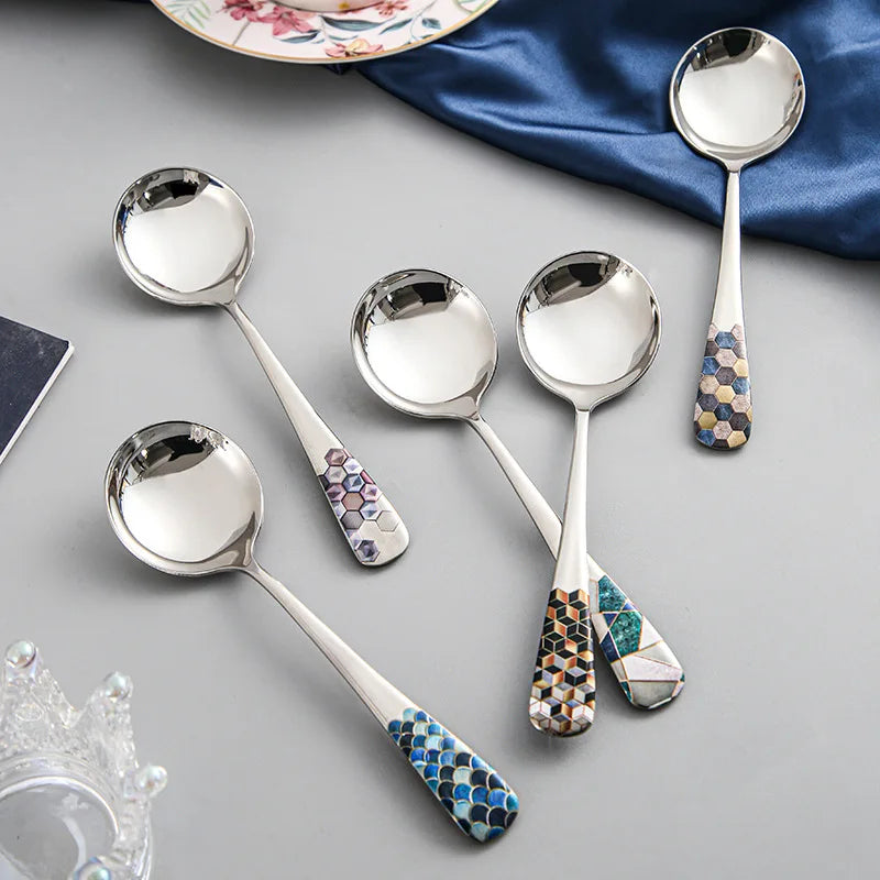 Hemasa Stainless Steel  Silver Coffee Ice Cream  Teaspoons  Dinner Tableware Round Head Dessert Spoons