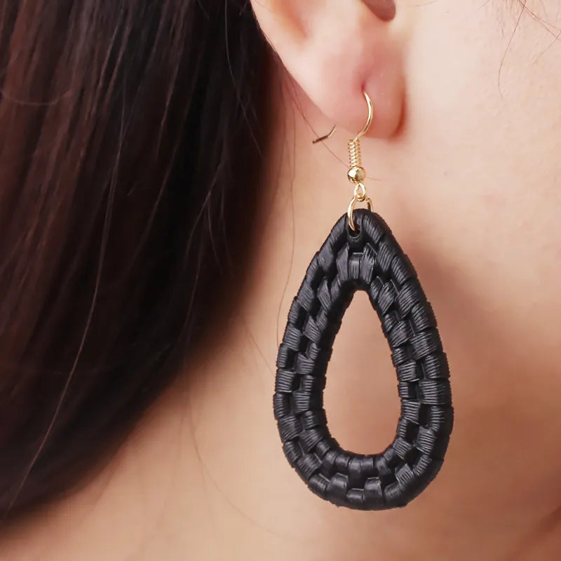 Hemasa European Fashion Water Drop Earring for Women/ Rattan Braid Black Beige Color Hollow Oval Ear rigns