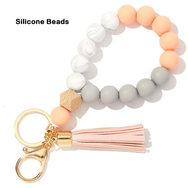 Silicone Keychain For Keys Tassel Wood Beads Bracelet Keyring For Women Accessories Multicolor Keychain Wholesale Hot Sale 2022