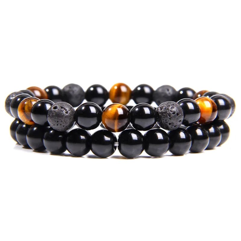 Fashion 2pcs Bead Bracelet Men Natural Tiger Eye Hematite Obsidian Beaded Bracelets Homme Energy Stretch Bracelet Men Jewelry