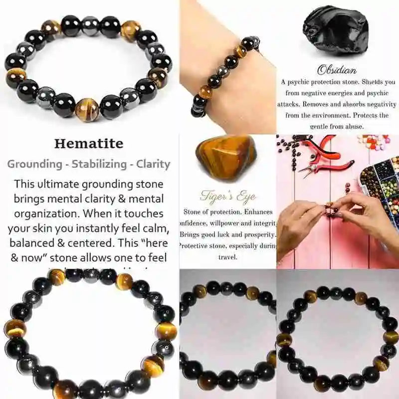 Heamasa Natural Black Obsidian Hematite Tiger Eye Beads Bracelets