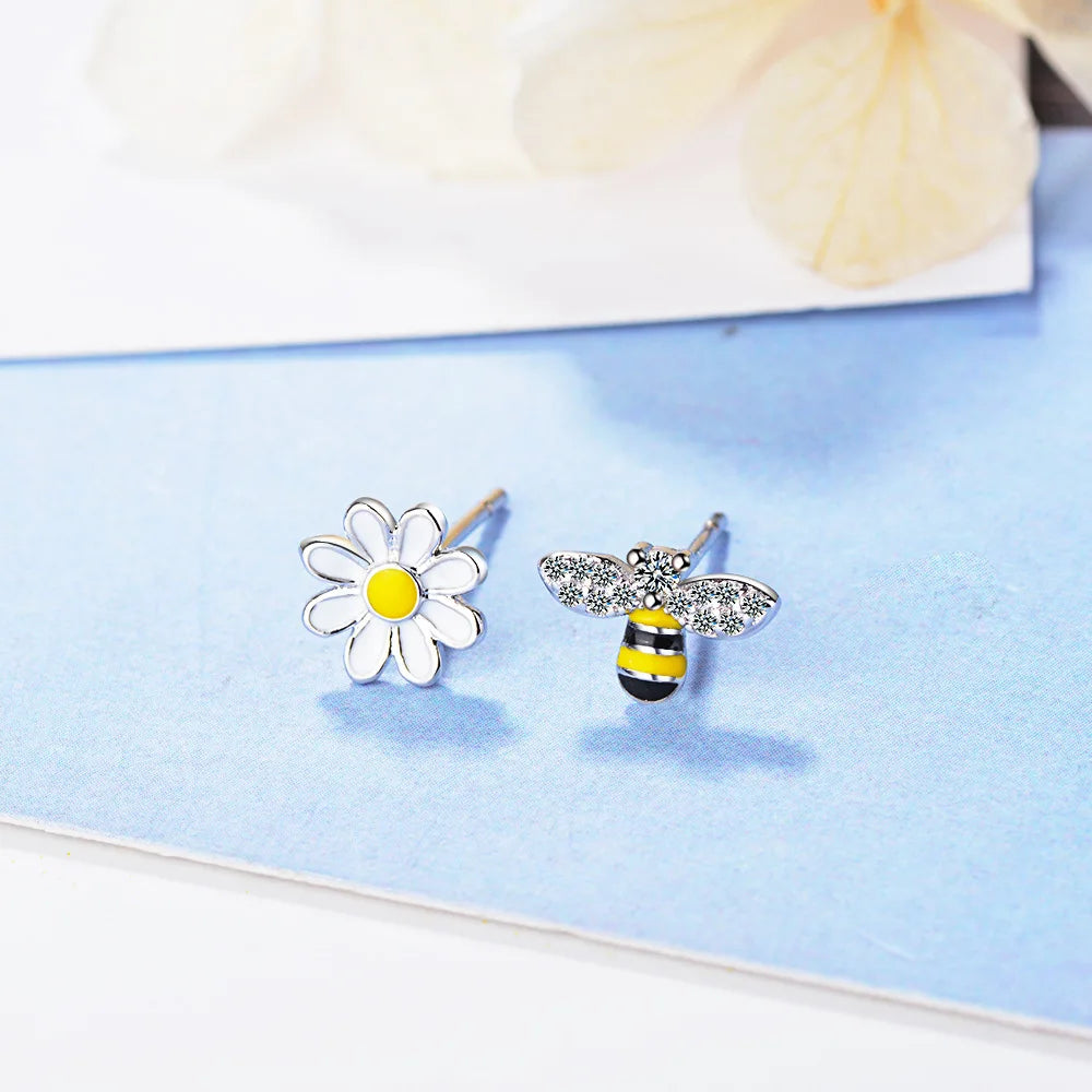 Lovely Asymmetric Bee Sun Flower Zircon Earrings For Women Girl 925 Sterling Silver Earrings boucle d'oreille S-E644