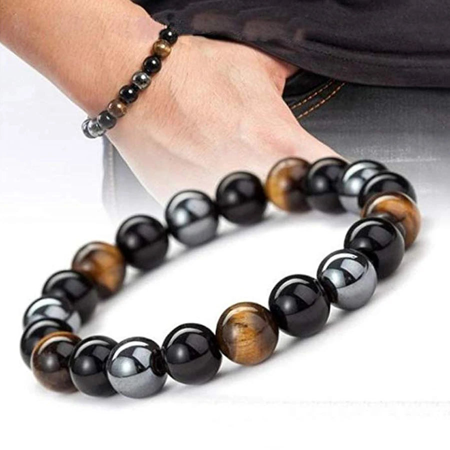 Heamasa Natural Black Obsidian Hematite Tiger Eye Beads Bracelets