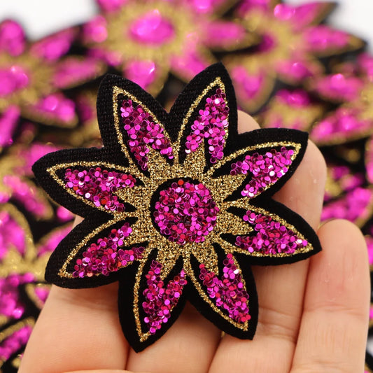 5Pcs/lot 6cm Sequined Rose Red Flower Sticker For Clothes Thermo Badge Appliques  Iron On Patch For Jeans Bags Shirt Diy