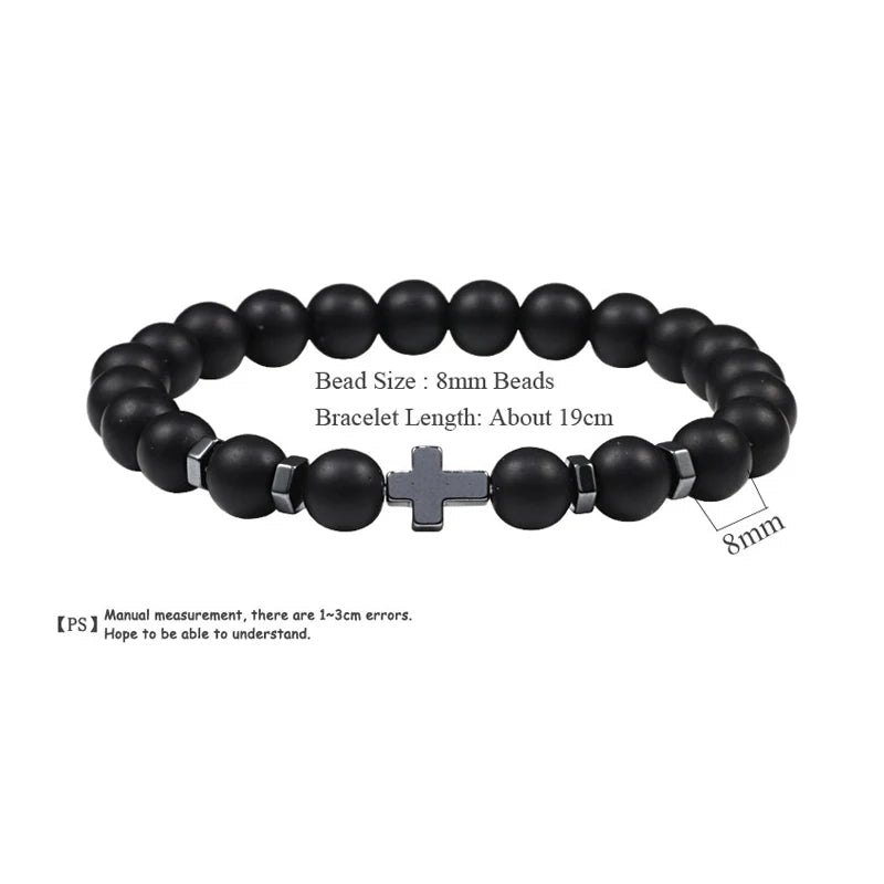 Hemasa 8mm Beads Cross Hematite Bracelet & Bangles Natural Black Lava Stone Charms Bracelets for Women Men Yoga Jewelry pulseras hombre