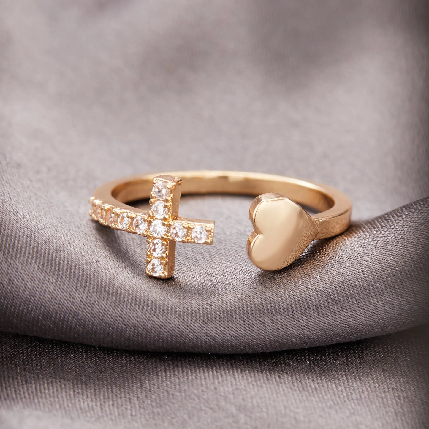 Classic Popular Zircon Cross With Heart Rings For Women New Rose Gold Color Open Adjustable Wedding Ring Dropshipping