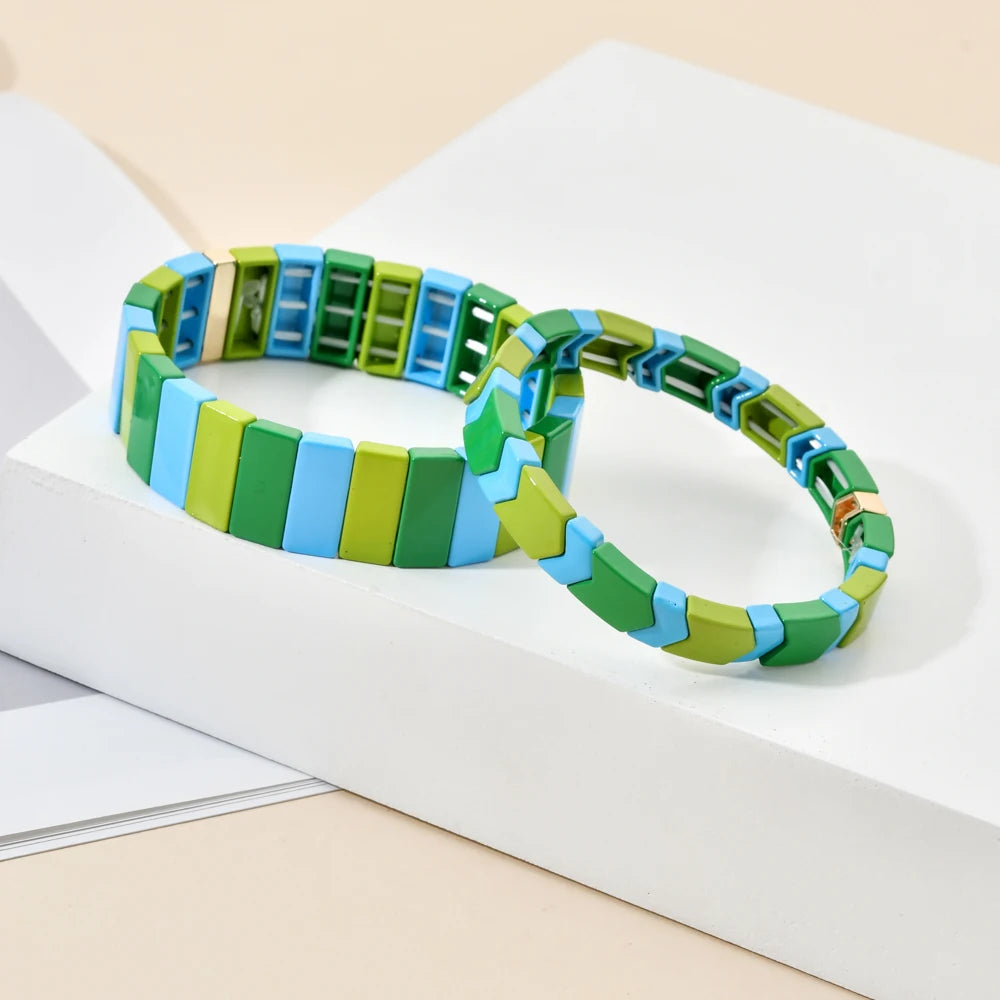 Hemasa Green Bohemian  Enamel Tile Bracelet Boho Type Bangles For Women /Girls