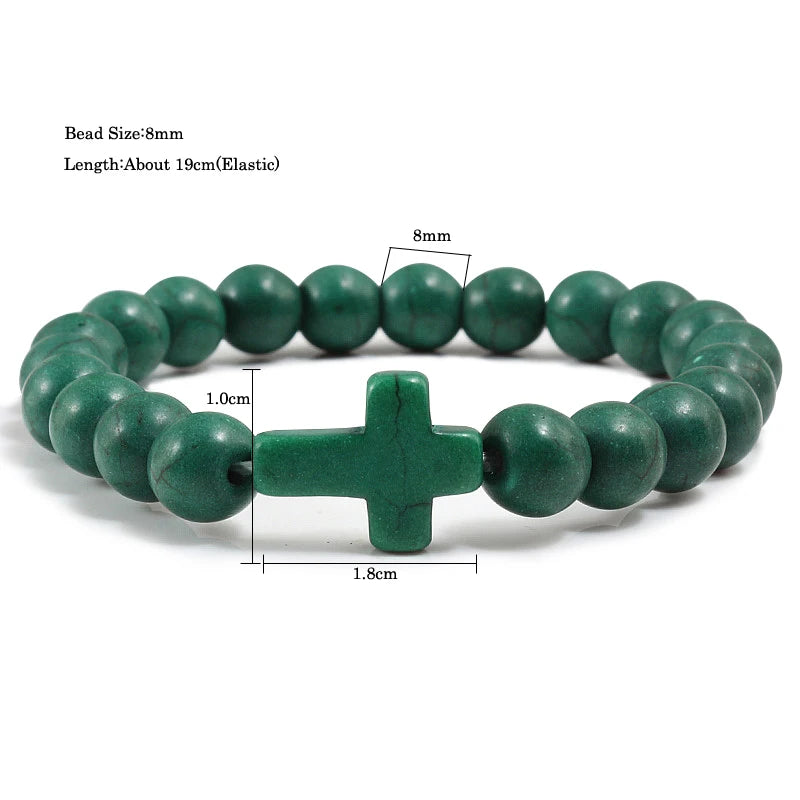Fashion Jesus Cross Natural Stone Bracelets Charm Blue Pine Stone Black Lava Matte Beaded Bracelets Bangles Women Yoga Jewelry