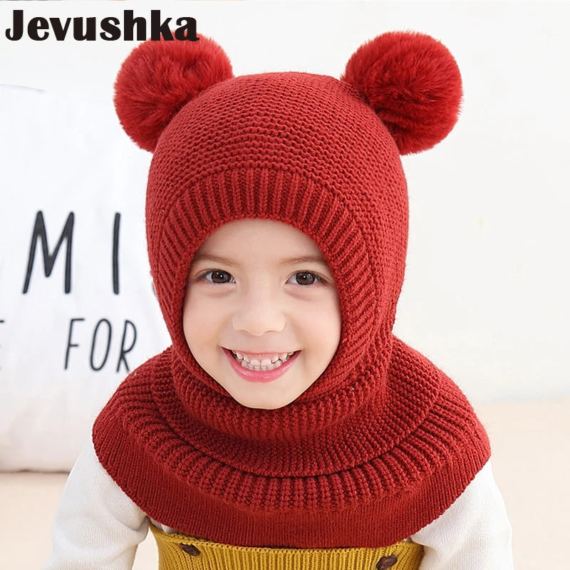Winter Baby Balaclava Hat PomPom Knit Kids Beanie Hat for Baby Girl and Baby Boy Hat Scarf Double Layer