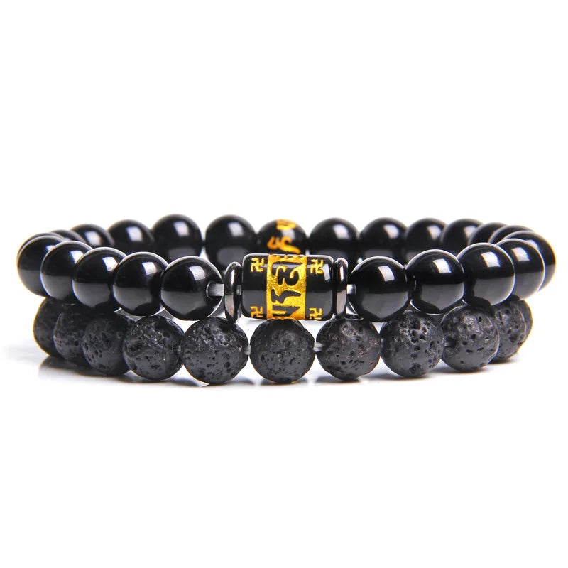Fashion 2pcs Bead Bracelet Men Natural Tiger Eye Hematite Obsidian Beaded Bracelets Homme Energy Stretch Bracelet Men Jewelry