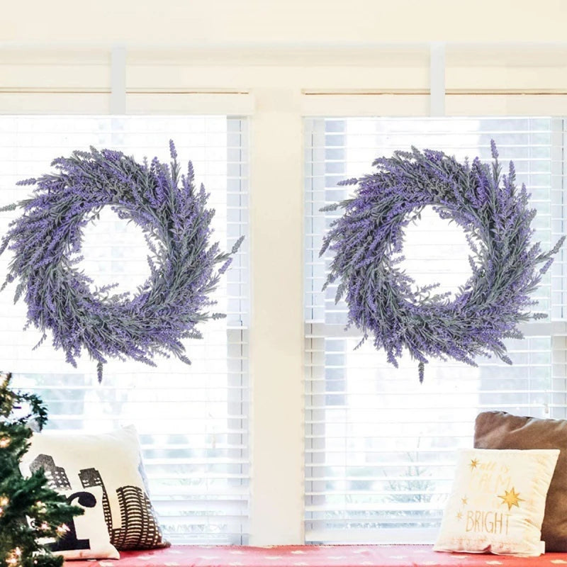 18" Artificial Lavender Wreath Fake Lavender Flower Wreath for Front Door Farmhouse Door Wreath Summer Hanging Wall Window